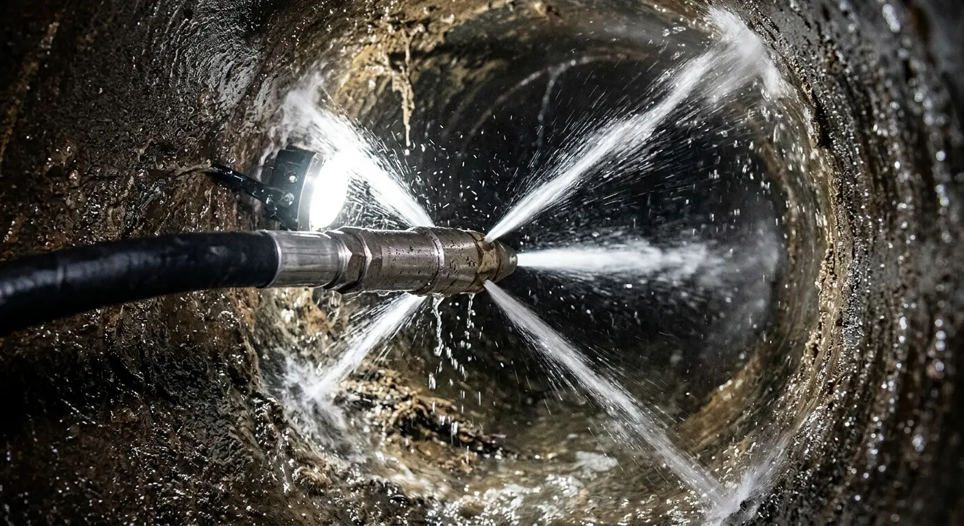 High-pressure hydro jetting nozzle cleaning sewer pipe for Sewer Cleanout in Granbury