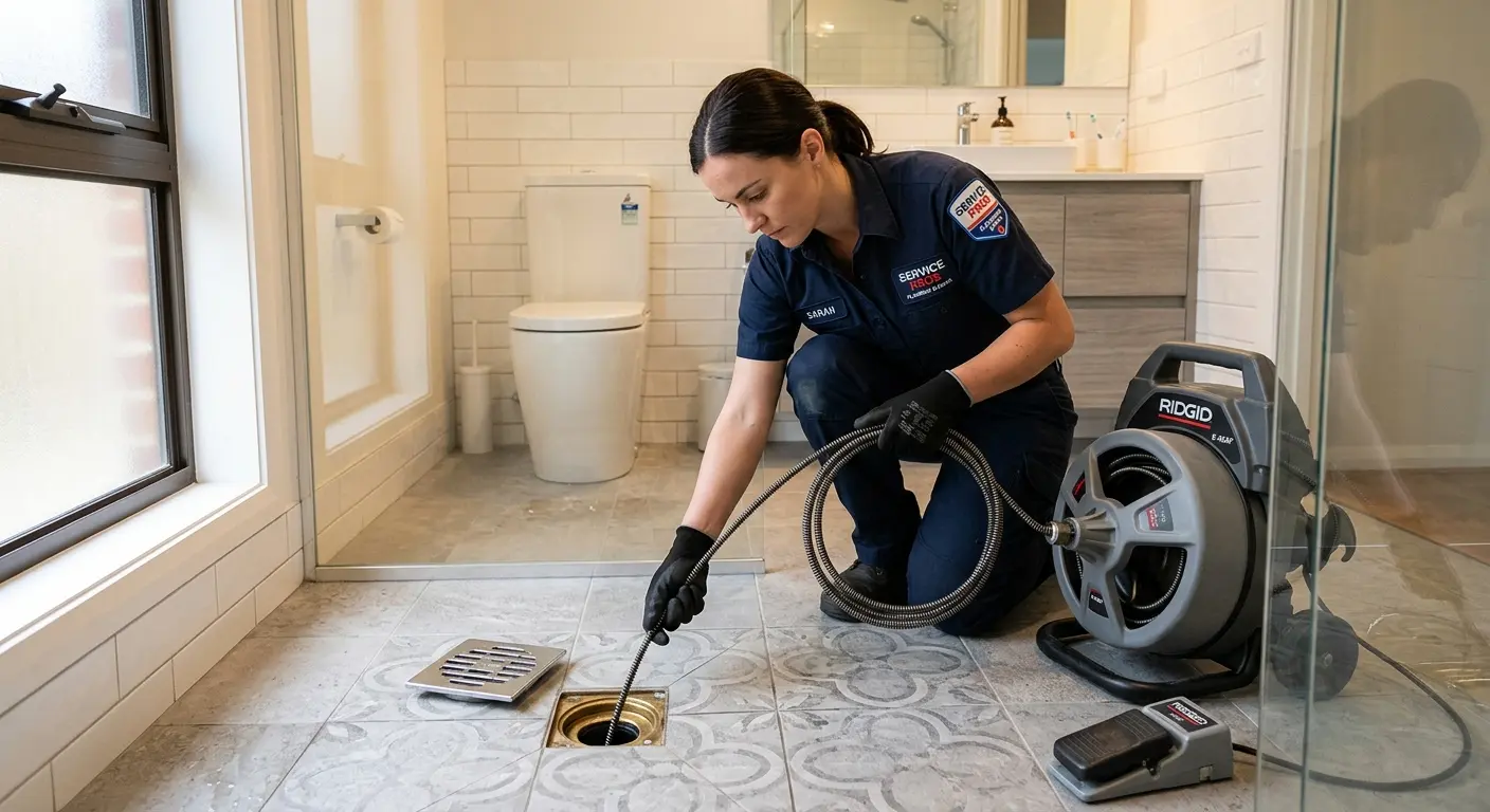 Technician clearing a bathroom floor drain for Sewer Line Replacement in Granbury
